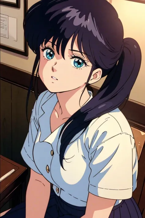  1 girl,18 years old,waitresses,wariza,whole body,pale skin,big eyes,double eyelid,embarrassed,flushed cheeks,low twintails,from above,looking at viewer,in the office,highly detailed,japanese