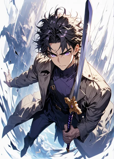 1man, swordsman, black hair, short hair, messy hair, bangs hair, high quality, sword, nice perspective, overcoat, purple eyes, point sword to viewer, full body