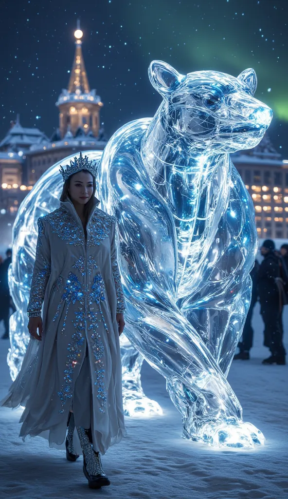 In a magnificent parade in the middle of the futuristic snowy city of Moscow, a Russian woman walked gracefully wearing a long sparkling coat with digital crystal ornaments, as well as a silvery blue holologafic crown. Next to him, a 20 meter high Titan ic...