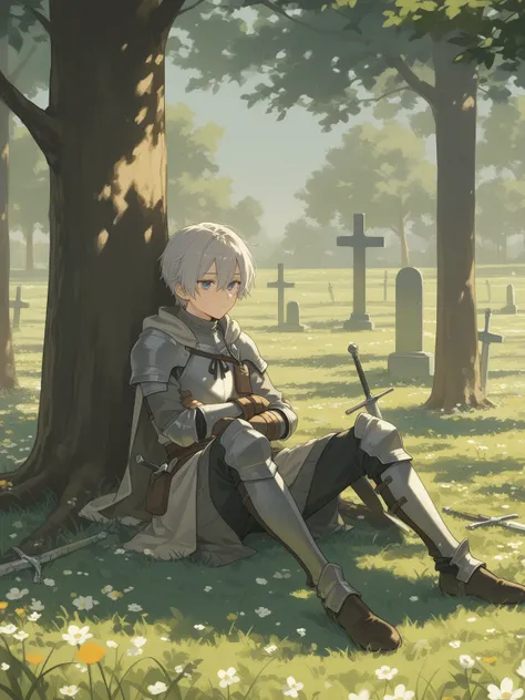 A digital Japanese manga book cover  of a medieval knight sitting down back against a tree in a vibrant feild of grass & flowers as to the left he looks over a graveyard of swords planted into the ground the sky above gray and gloomy