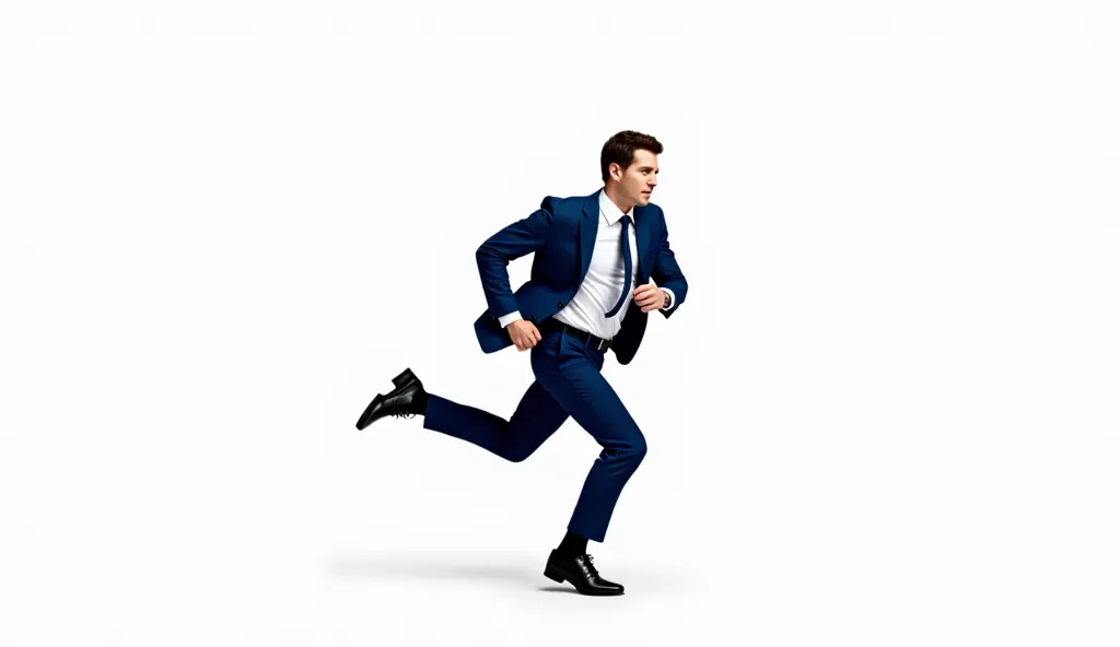 
Clark kent in blue suit and tie, black sgoes, running and unbuttoning his shirt, full body image, isolated on white background