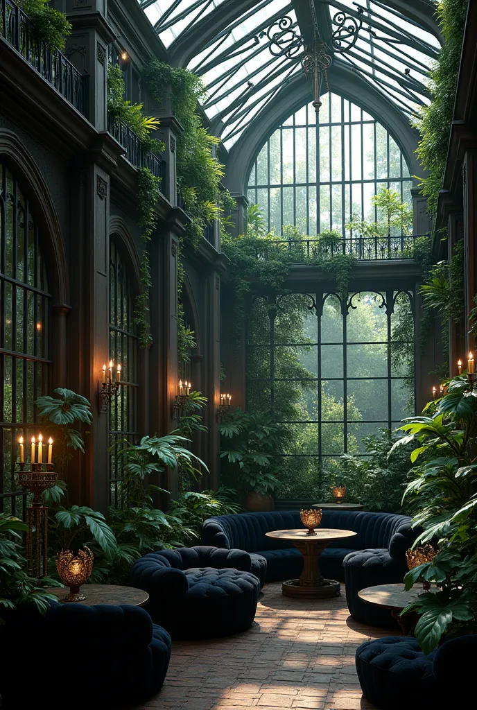 gothic greenhouse with confy and black furniture inside