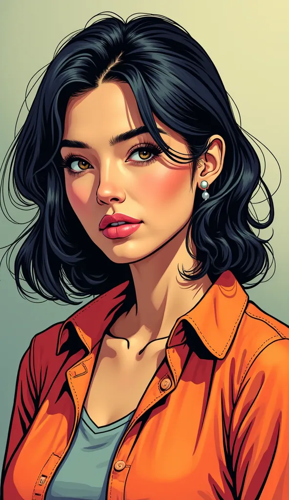 DISCREET image. with discreet casual clothes. image adult woman, american, comic book style. with a neutral face. IMAGES WITH VIBRANT COLORS.focus on face. light colors