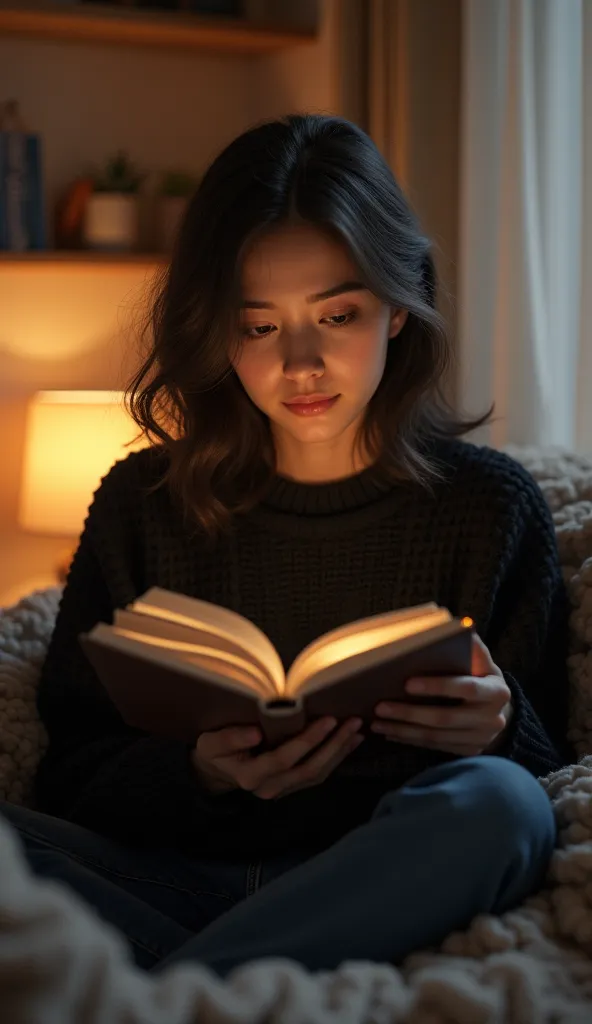 Sofia in a black sweater is reading a book and in the back she finds her apartment blurry.
