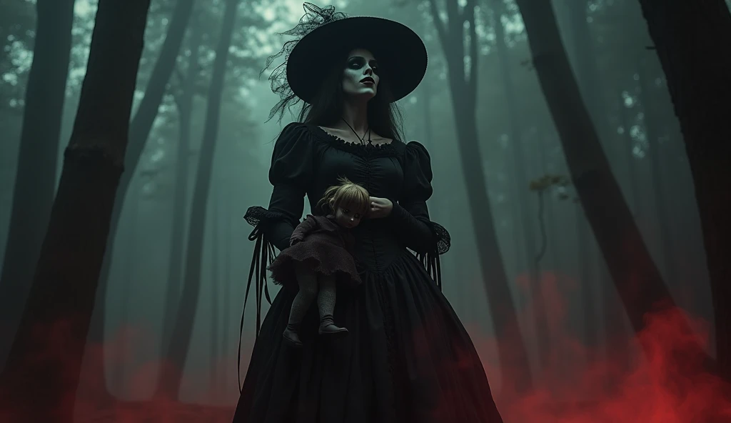 "A tall spectral woman in a tattered black Victorian dress and hat, her face featureless except for sewn-shut lips and empty eye sockets. She floats in a dark forest, holding a cracked porcelain doll. Surreal horror style, glowing red mist around her, ultr...