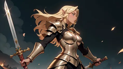 a picture of elf knight female warrior, she has long gold hair, wearing heavy medival armor, armed with a long sword, ready for battle, dynamic angle,, A woman in black knight&#39;s armor with a silver broadsword with religious designs, A gold crucifix han...