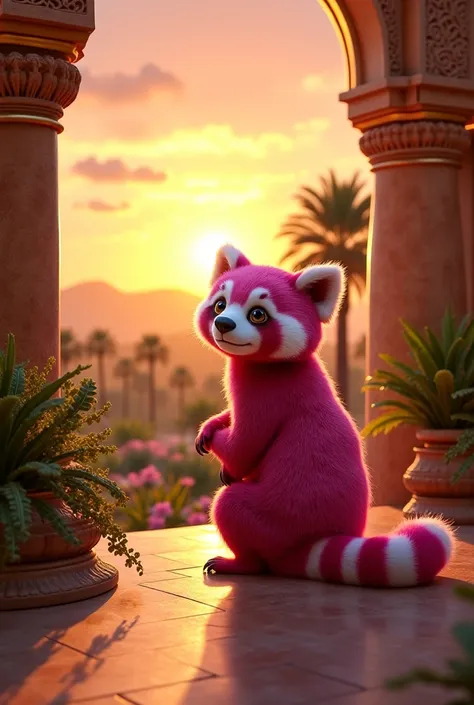 As the golden hues of the setting sun bathed the horizon, our charming pink-winged, pink-furred panda hero relaxed in his opulent mansion, reminiscent of the grand residences of Arab nobility. The exterior showcased intricate arabesque designs, grand archw...