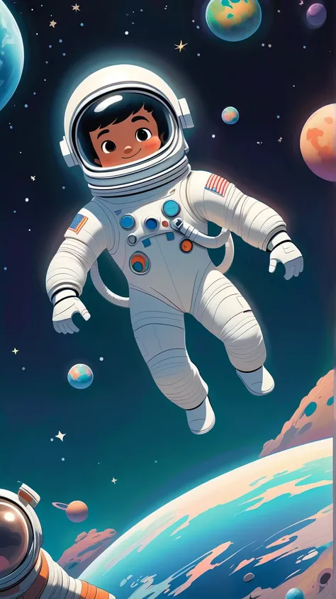 A black-and-white coloring book illustration of a cartoon-style boy astronaut floating in space. The astronaut takes up one-third of the image, featuring a proportionate spacesuit with minimal details, a large helmet, big expressive eyes, and a friendly sm...