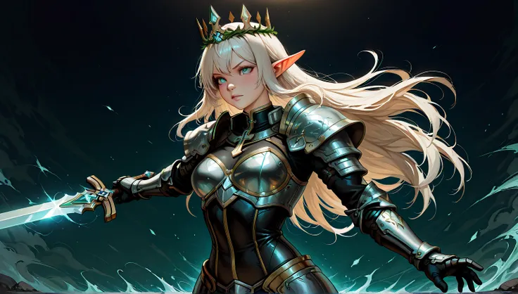 a picture of elf knight female warrior, she has long darl hair, drou, wearing heavy metallic, black medival armor, armed with a long necto sword, ready for battle, dynamic angle,, A woman in black knight&#39;s armor with a silver broadsword with religious ...