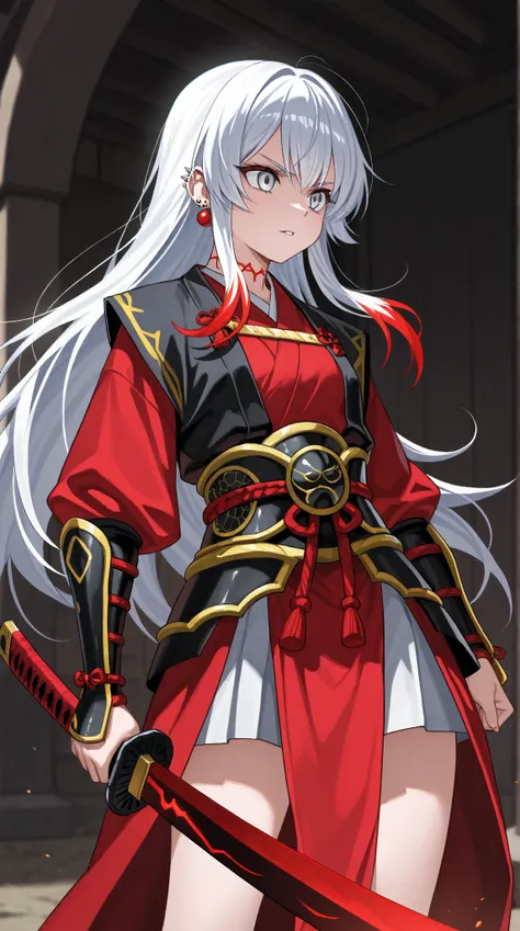  Woman 20 years old white hair and red locks with silver eyes she is a samurai in Demon Slayer , With a snake 