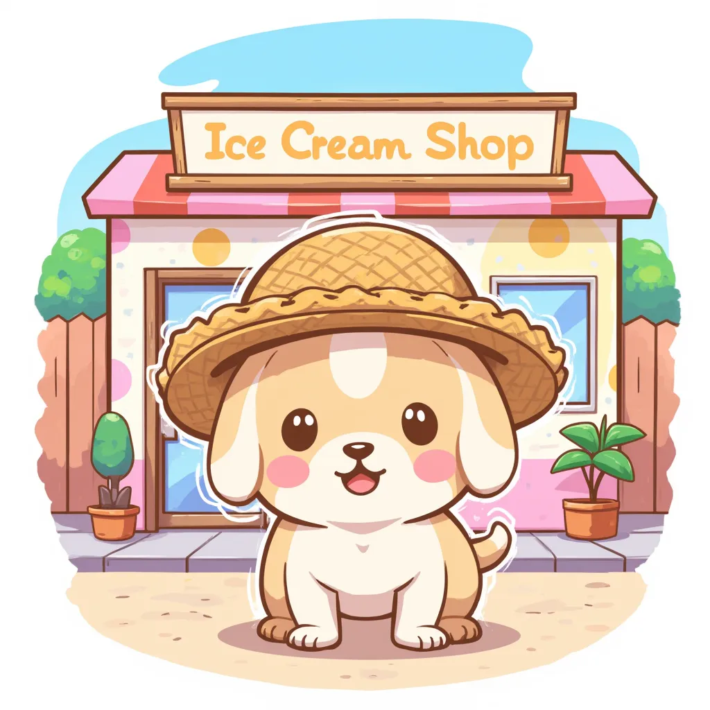 dog wearing a straw hat、Shop wall “ice cream shop”、Clear Colours 、2D illustration、illustration、Anime Design、 Clear Lines 、Thick Line、simple illustration without gradation。No shading。