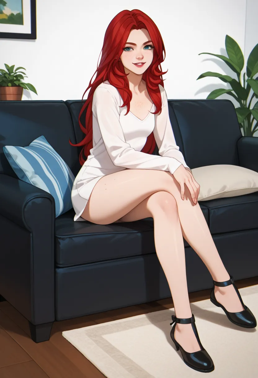 ((full body photo)) Jean Grey, masterpiece, best quality, (sitting on couch, legs crossed), highly detailed, score_9, score_8_up, score_7_up, score_1_up, anime font, BREAK, alone, long hair, eyes blue, flower, small breasts, bow, looking at the viewer, fre...