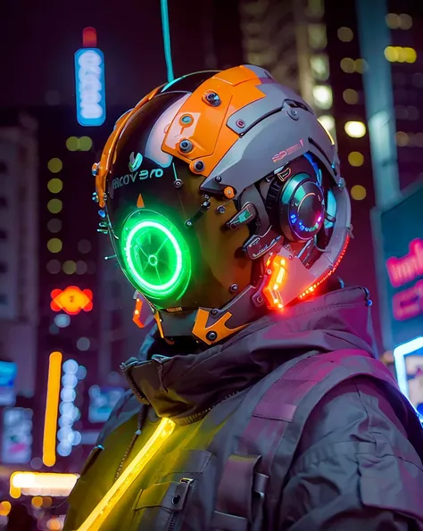 (original: 1.2), masterpiece, best quality, a cyborg in a cyberhelmet head with a green circle led light, wearing a orange techwear jacket, on the street 