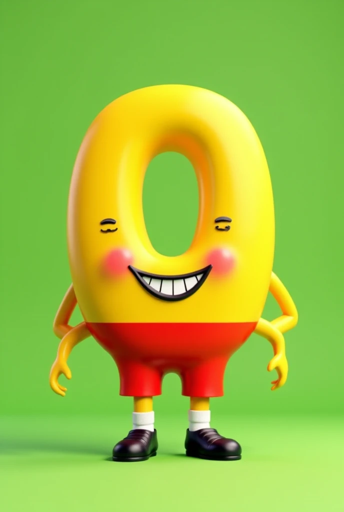 The yellow letter O with red shorts white socks and animated black shoes with short arms and legs and a smiley face,  The background is green . 3d