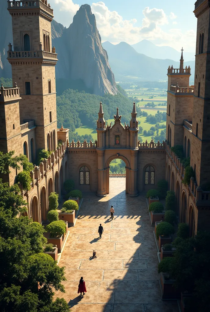 A large open-air courtyard of a castle on top of a large mountain that overlooks a verdant land 