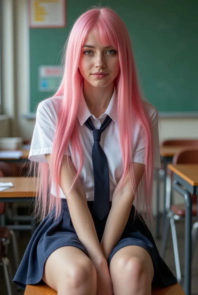 (RAW photo:1.2),(photorealistic:1.4),(masterpiece:1.3),(best quality:1.4),ultra high res, HDR,8k resolution, dreamlike, Hyperrealistic 4k UHD image: A european woman with long pink hair and green eyes, wearing school uniform with tie and miniskirt, sitting...