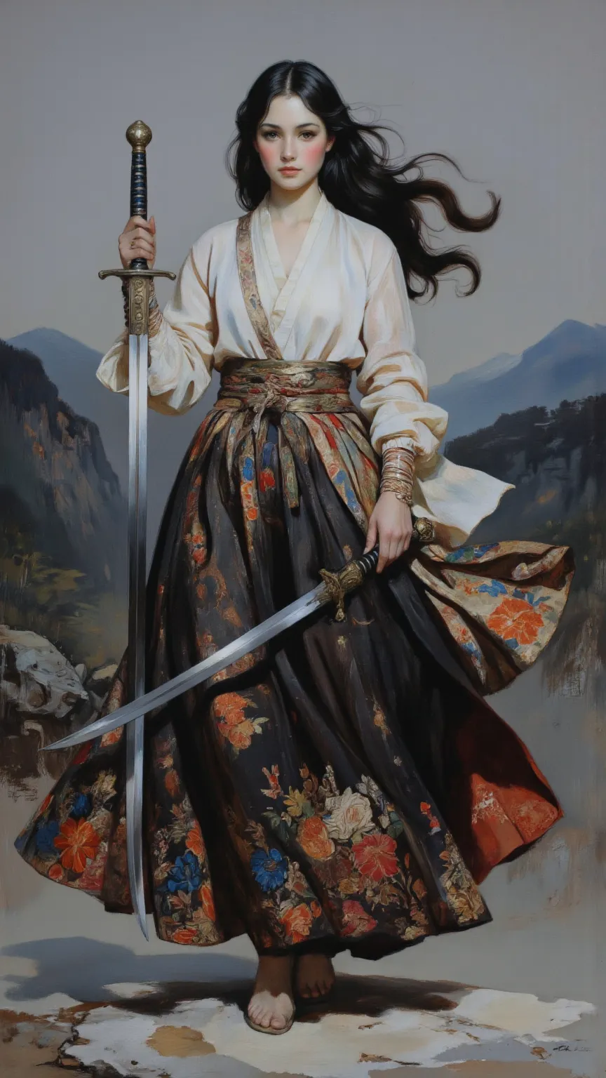  Sexy Female，embroidered skirt，South Korea,alone, dark hair,sword, Battle Pose ,cknc style