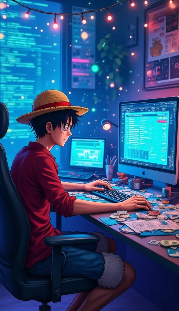 is sitting in front of a modern computer, programming while holding a mechanical keyboard. He is surrounded by money (banknotes and coins scattered across the table), credit cards and receipts. On the right side of the image, there is a stylized digital pr...