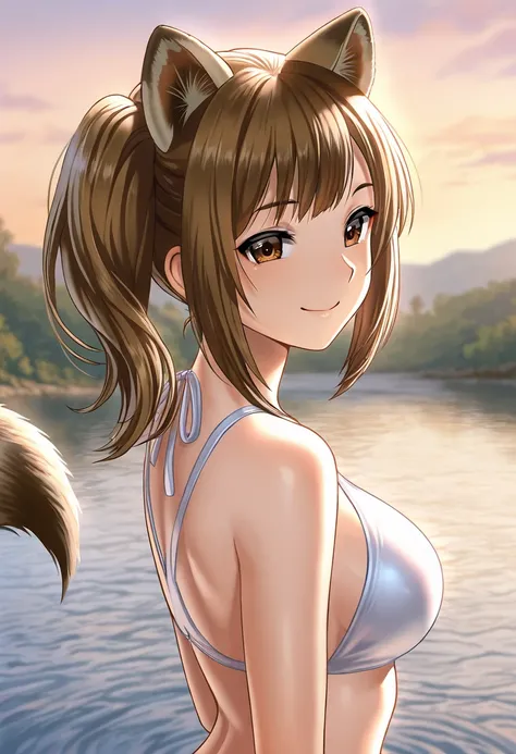 anime style, Masterpiece, best quality, Woman, pretty face, brown eyes,right side ponytail hair, hair bangs, brown hair hair, black and white swimsuit, racoon ears,, racoon tail, smiling, river background, vibrant colors