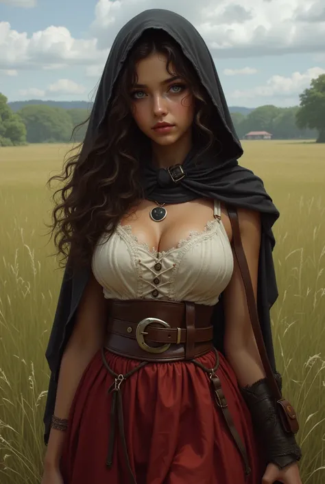 Shepherd girl, latina pupil, torn rags, ((torn light tube top wrapped)), (light linen tube top wrapped), (massive huge boobs), corset, bolero shrug,  (dark red linen sleeves), ((massive perky breasts)), (nude midriff), tanned, black cape,  detailed cute tr...