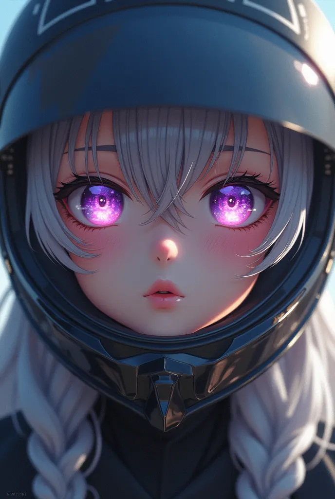 Close-up of an improved masterpiece:1.5)0.9], (Road:1.2) ( Untidy silver hair:1.1) ( heterochromia:  xanthochromia  :1.2) (shiny motorcycle helmet:1.0) (Colored stars in the eyes:1.0) (A radiant shine:1.1) (Thick lips:0.9)long hair.violet eyes, 