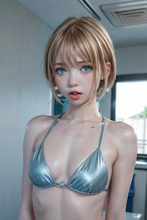  shortcut ,  blue eyes,Blonde,  bangs between eyes,  small breasts, metallic blue string bikini,Short Hair, T-back ,  high resolution on down,anime, open your mouth ,  stick out your tongue,Look up,Cross-eyed