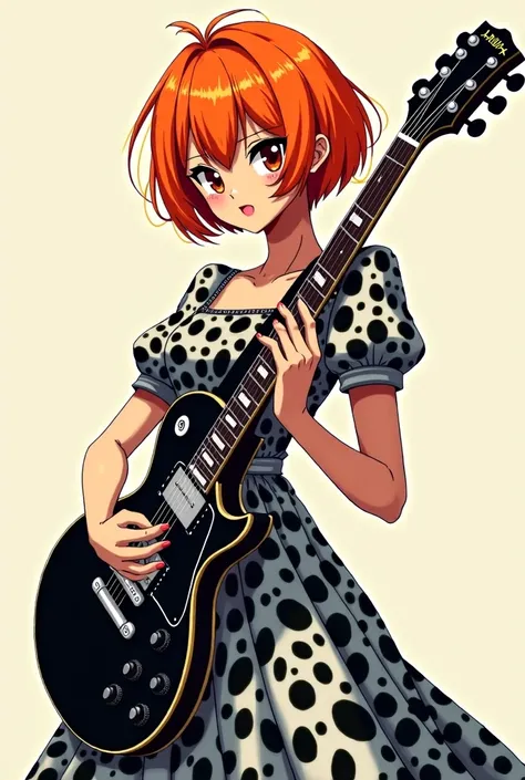 Girl with short orange hair with bangs, in the black and white printed long dress with puff sleeves playing black guitar ghibli anime style