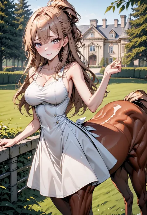 solo, solo, female, centaur, large breasts, thin waist, shy, intelligent, student, Chestnut brown fur, cherry blonde hair and tail, gentle, smile, rural estate, wealthy, close up, horse body, horse legs, centaur, centaur, Victorian, centaur girl, very tall...