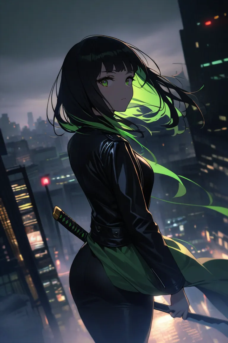 Asian girl with long black hair with green locks and green eyes with covers and leather jacket with two katanads looking backwards in a dark landscape of the city Seoul 