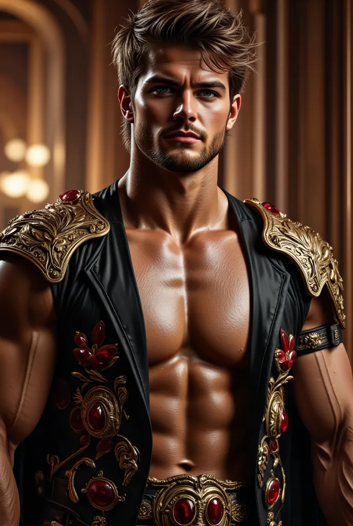 (male male model, purple violet eyes, attractive face, well-defined full body, skin In 4k, standing, light, cinematic lighting. photography, detailed symmetrical realistic face. camisa black and red and gold roman costume with ruby jewels extremely detaile...