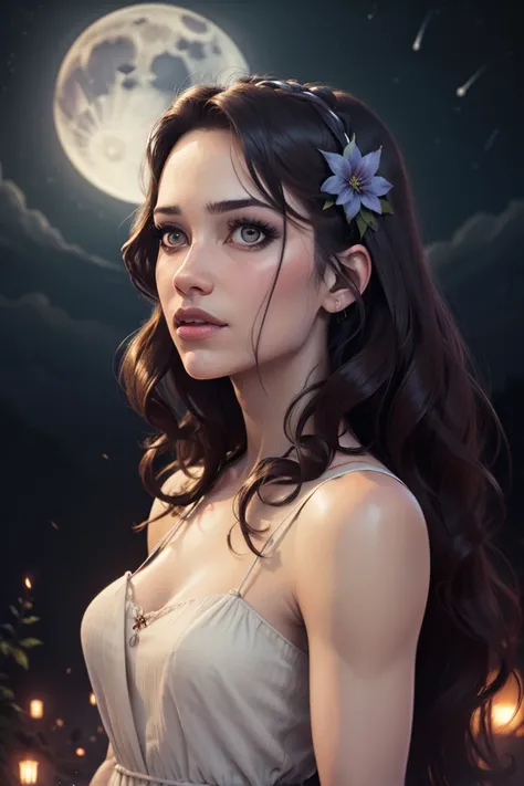 girl, güzel genç girl portresi,  realistic, detailed facial features, modest expression, hair wavy, plain floral dress,  night sky ,  bright stars , The moonlight , atmospheric effects, high resolution, perfect,  ultra-detailed , foto- realistic, HDR, UHD,...