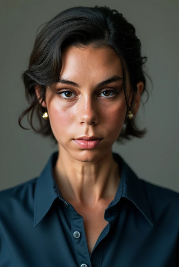 angry looking mom with blue black shirt brown eyes