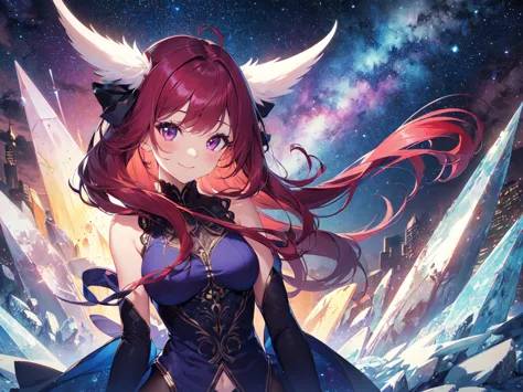 (Solo), (Girl with horse ears and tail), (Blue nightgown, Height 150cm, Bust A cup), (Big smile, Looking at camera, Black pantyhose), ((Turning butt)), ((Long hair, Curly hair, Bright red hair, Purple eyes), ((Crystal zone, Crystal covered ground, Crystal,...