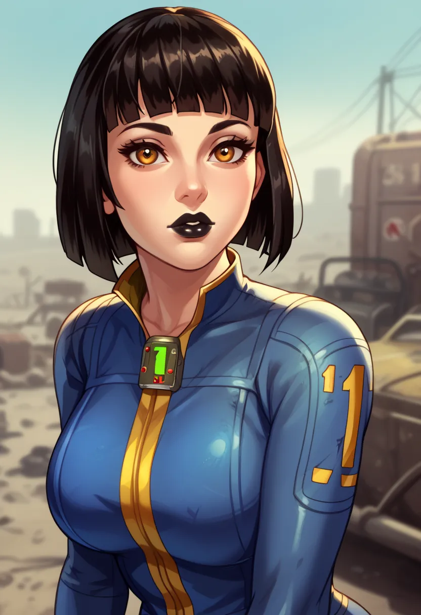 Vault girl from fallout , black bob-cut hair and hazel eyes, fallout vault leather jumpsuit, cute face with black lipstick and mascara, ear, (blunt bangs), black hair, (tareme, detailed amber eyes), curled eyelashes, shiny hair, beautiful detailed eyes, be...