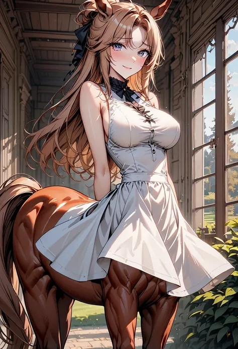 solo, solo, female, centaur, large breasts, thin waist, shy, intelligent, student, Chestnut brown fur, cherry blonde hair and tail, gentle, smile, rural estate, wealthy, close up, horse body, horse legs, centaur, centaur, Victorian, centaur girl, very tall...