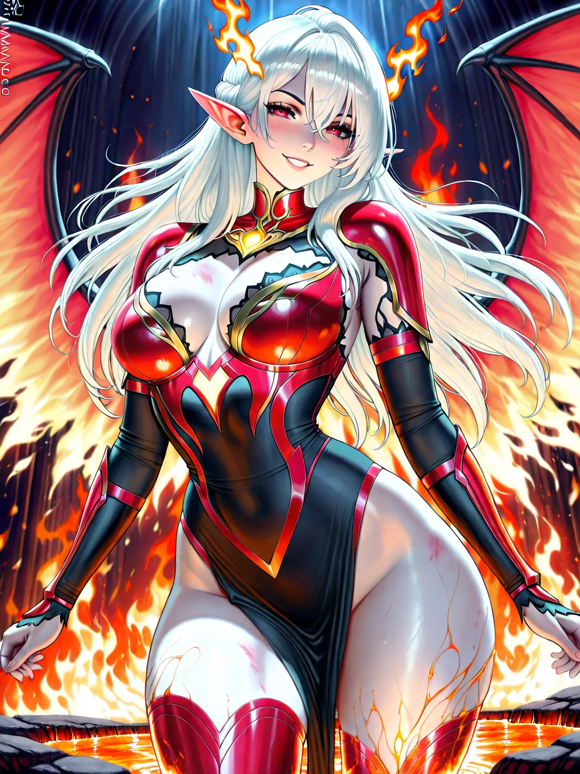 Illustrioussciamano, Masterpiece, best quality, high quality, absurdres BREAK 1 woman, solo, beautiful flames woman, lush and hot figure, athletic body, natural big breasts, wide hips, small waist, thick hips. Pale skin, Dressed in flame armour glowing fro...