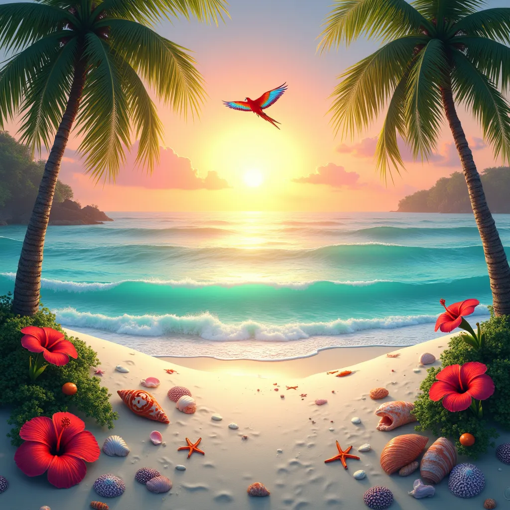 Generate a image of a pristine white sand beach with swaying coconut palms and crimson hibiscus flowers. A peach-lavender sunset blends into a turquoise ocean with gentle frothy waves. A modern  and stylish badge  stands against the sunset, partially refle...