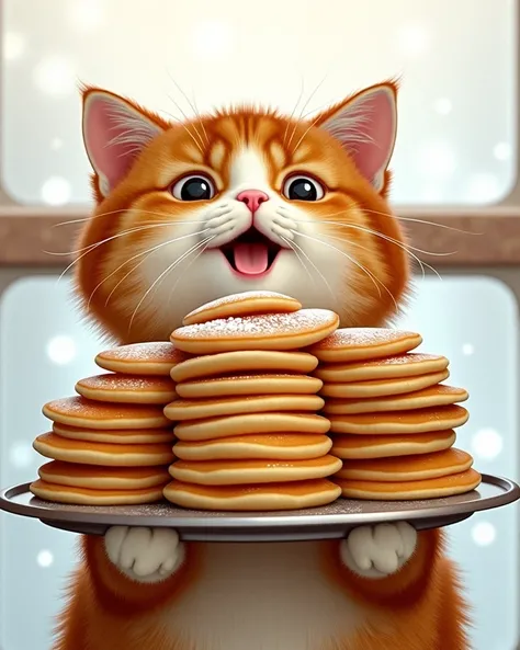 Maslenitsa, kitty holds a plate with a stack of pancakes, cinematic,  scattered light, High Detail, ultra realistic, Professional Photo
