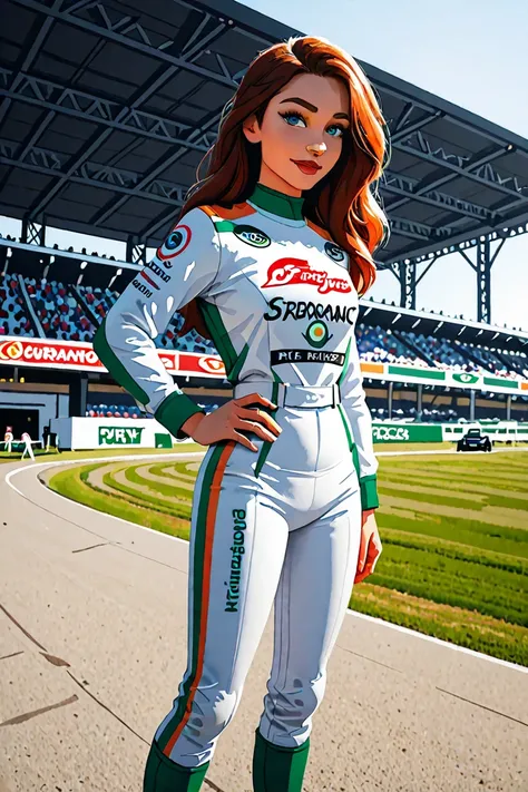 TWO MALE AND FEMALE FORMULA 1 DRIVERS SIDE BY SIDE WHITE UNIFORM WITH THE BACKGROUND ON THE RACETRACK LIKE A MOVIE POSTER INSPIRED BY DISNEY AND PIXAR MOVIES WITHOUT A HELMET!