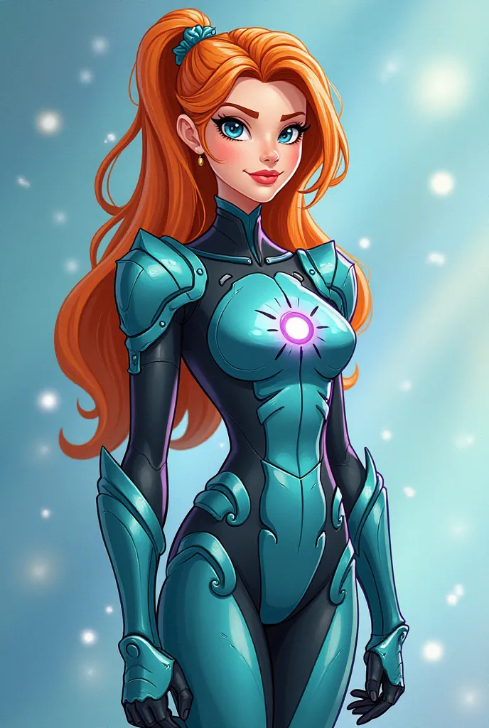 I need a girl in the Winx drawing style, I'm doing work with the human body, And the theme is armor, This girl must wear armor that represents a sperm cell or a costume that shows that it is a sperm cell she is wearing