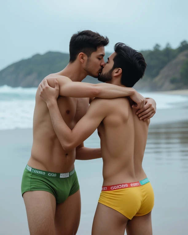 Two men are looking majestic They are very handsome men are hugging and kissing. They are wearing underwear. One is wearing Green yellow red mixed colour underwear and the other is wearing Rainbow colour underwear. They are both hugging and kissing On the ...