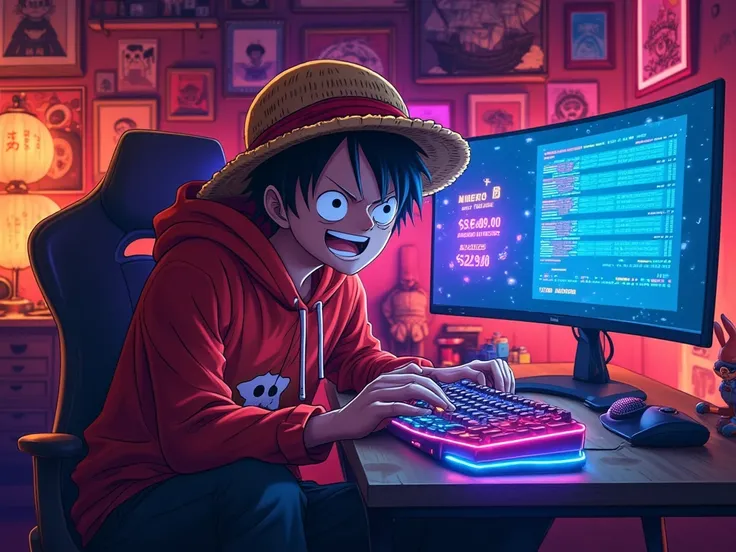 Create a vibrant and dynamic anime-style illustration of Monkey D. Luffy, the main character from 'One Piece,' sitting at a high-tech gaming PC setup. He is wearing his iconic straw hat tilted back on his head, paired with a casual modern outfit—a red hood...