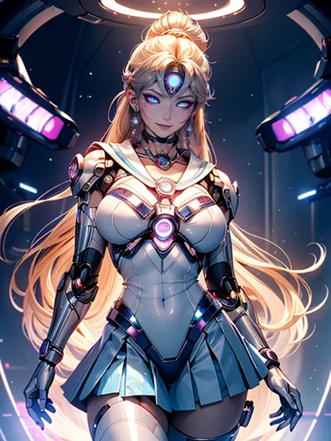 cowboy shot, Cyber Brainwashing Laboratory , Sailor Moon robot,  brainwashed,  hypnotic state ,  ((The brainwashing device activates and emits strong light, leading her to deep brainwashing)), (Sailor Moon robotの洗脳サイバースーツ, ((Brainwashing Cyber Forehead Pro...