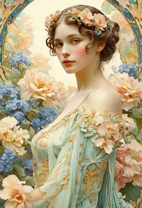  It depicts a beautiful woman with flowers in her hair, ( Audrey Hepburn:0.8), Highly detailed watercolor painting ,  The style of Alfons Maria Mucha and Gustav Kirmut ,  Art Nouveau shades ,   with thin eyes , anthropomorphic woman , female figure,  detai...