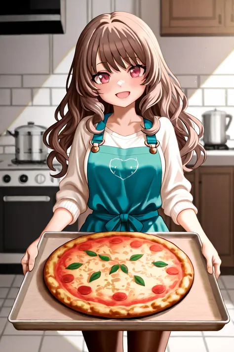 realistic image: Black Latin-Brazilian woman, curly hair,  beautiful and smiling, from the front, holding a tray with a delicious pizza. The setting is of a pizzeria kitchen.