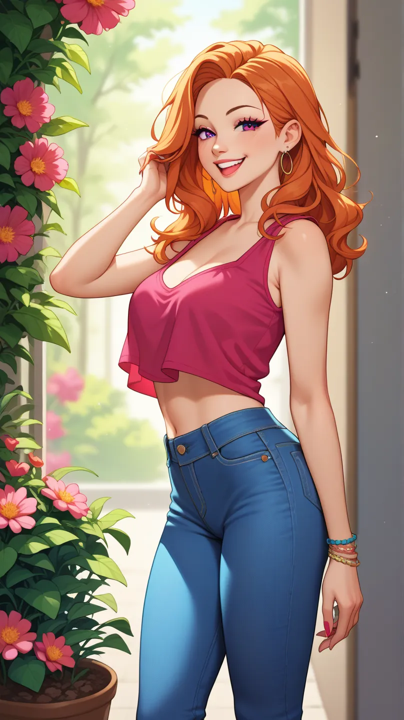 A discreet and casual image of an adult brunnet hair American woman in comic book style, smiling and appearing happy. She is dressed in casual and tasteful clothing, such as a blouse and jeans, with an aaproachable and friendly appearance. The background i...