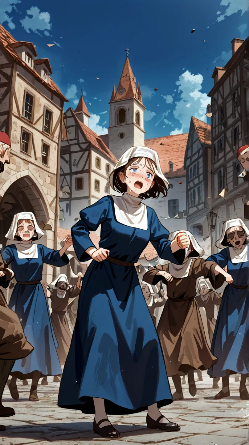 A group of medieval villagers dancing uncontrollably in the town square. Some are collapsing from exhaustion, while others continue, their faces pale and sweaty. The town's priest and doctors watch helplessly.