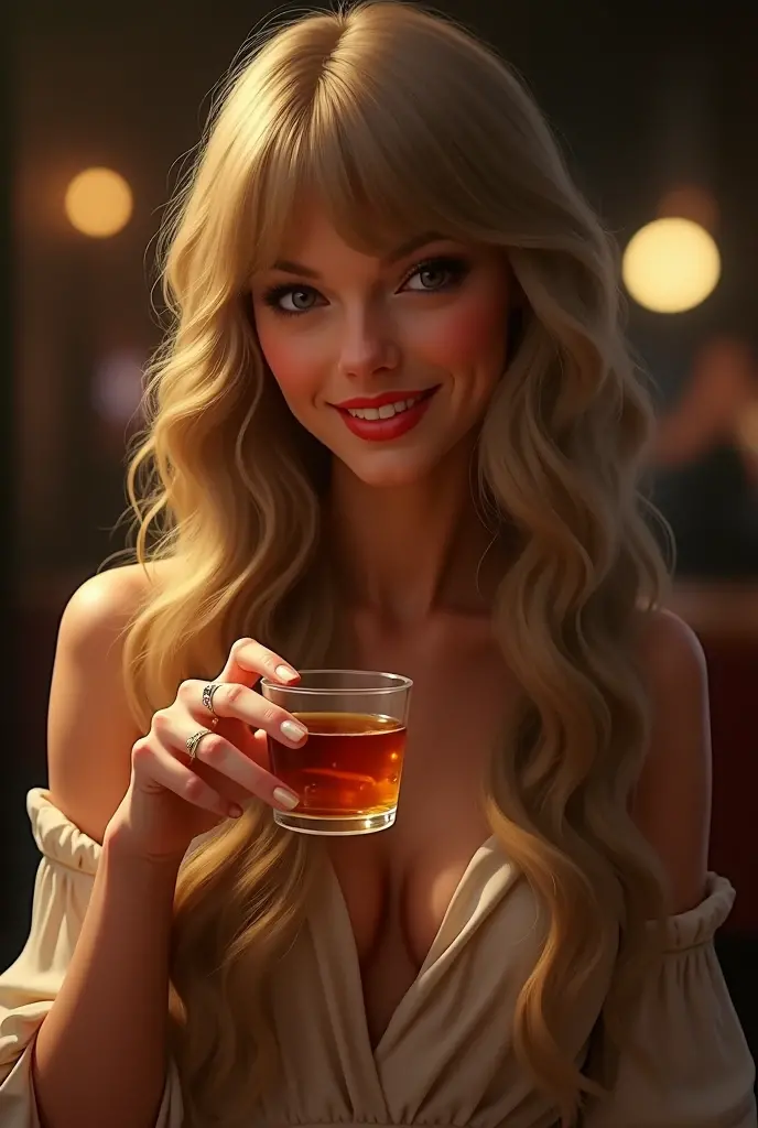 1 girl in, age19, Alone ,  long hair, Colossal , looking at the viewer, blond hair, bare shoulders, brown eyes, joya, full body,  A necklace, bare shoulders, Sweaters,  Realistic, A sexy one, 
drinking wine