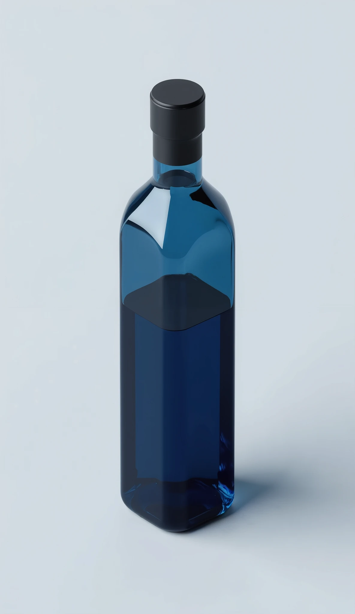 A bottle of translucent dark blue olive oil, modern bottle, isolated in isometric perspective