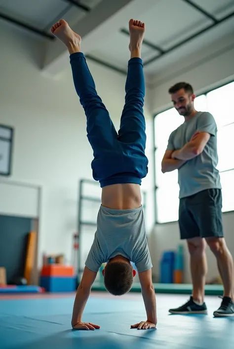 Making a photo for a parent catch son’s legs but his son putting her hands on the floor like a gymnastics handstand in a sports manner